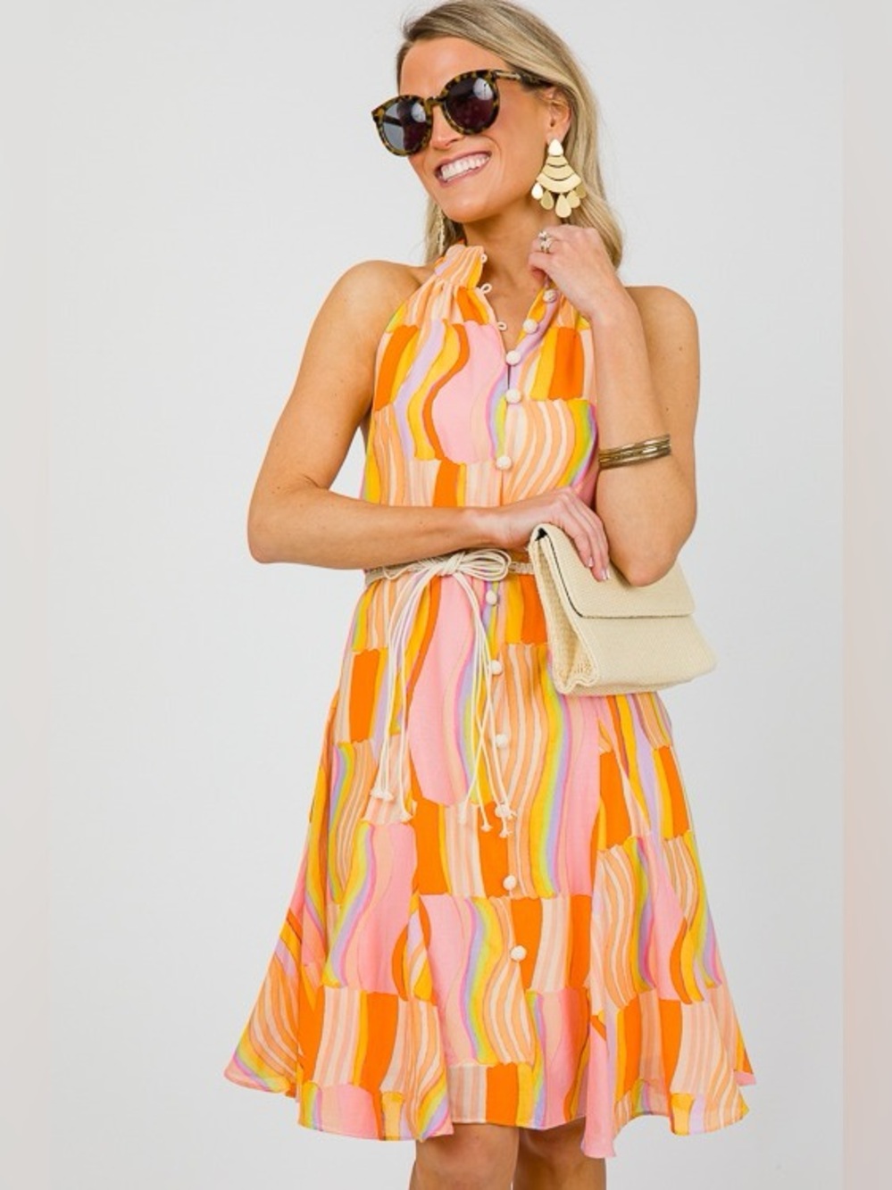 NWOT Fate Halter-Neck Orange & Pink Wave Print Midi Dress